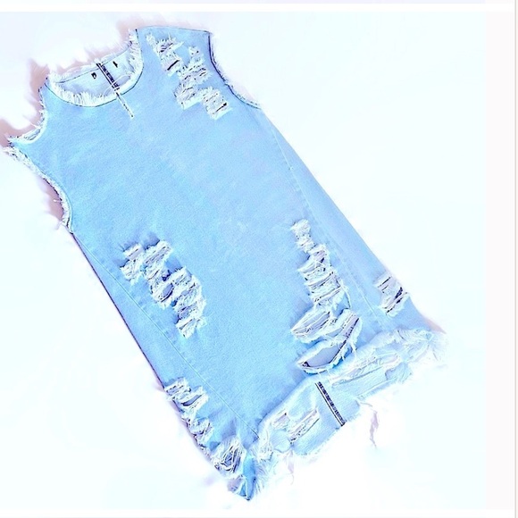 Denim jeans dress distressed mini sleeveless, - Picture 3 of 5